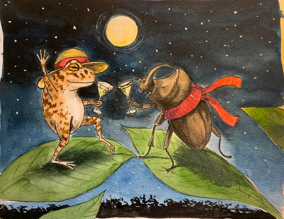 Dung Beetle and Toad Martini Time (Limited Edition # Painted Prints)