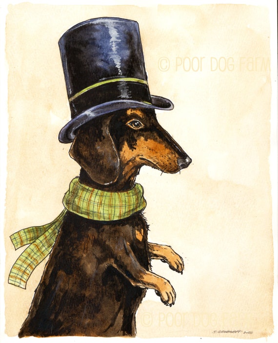 A dapper Dachshund  in a Top Hat  (an original hand painted dachshund)