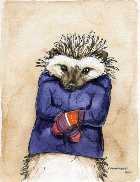 The frosty Hedgehog -watercolor  Print
