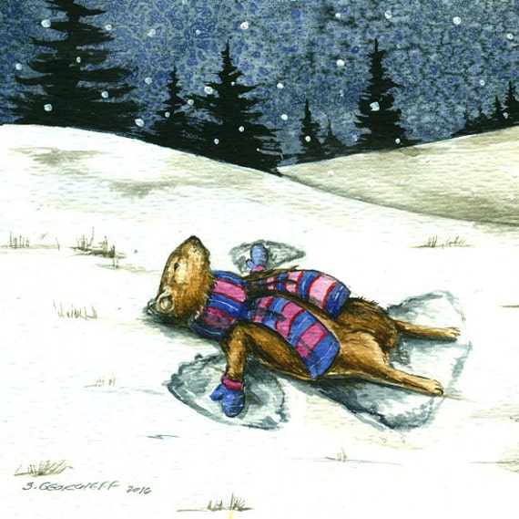 GroundHog and Snow Angels - signed 8 x 10 watercolor print