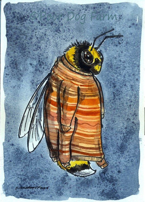 Do These Orange Stripes Make Me Look Fat?  ~ Winter Bees- ~ signed watercolor print