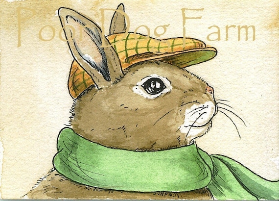 Rabbit with hat and scarf ~ watercolor print