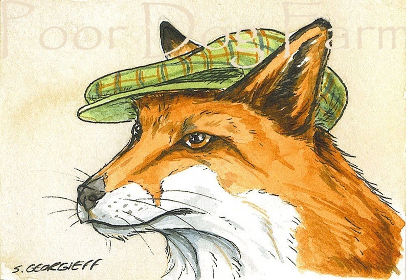 Red Fox in a hat watercolor print image 1