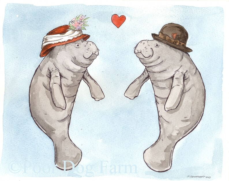 Manatee Love original Watercolor Painted Print | Etsy