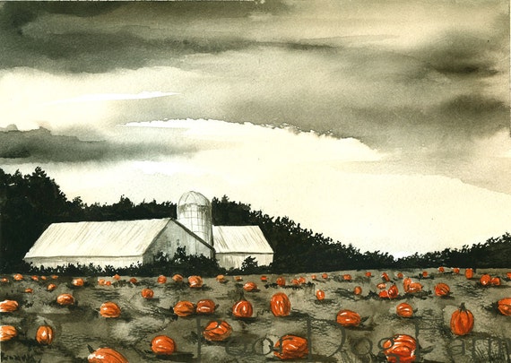 Pumpkin Field - Watercolor print-