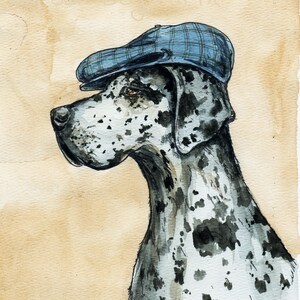 May include: A watercolor painting of a Great Dane wearing a blue and white plaid newsboy cap. The dog is looking to the side and has black and white spots.