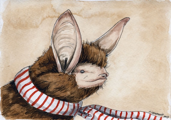 A Northren Long-Eared Bat in a Scarf .. - watercolor print