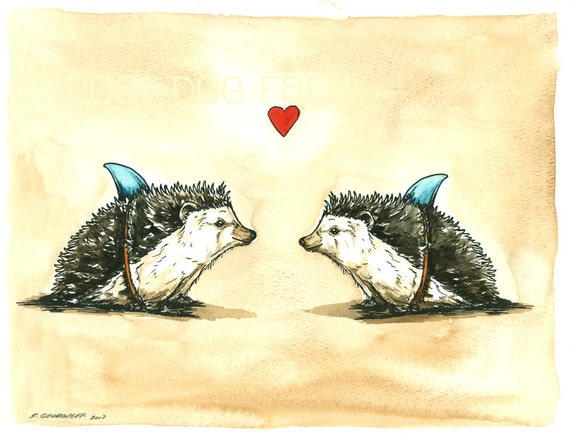 Weird Love   -Original Watercolor painted print~  Hedgehogs in Love..