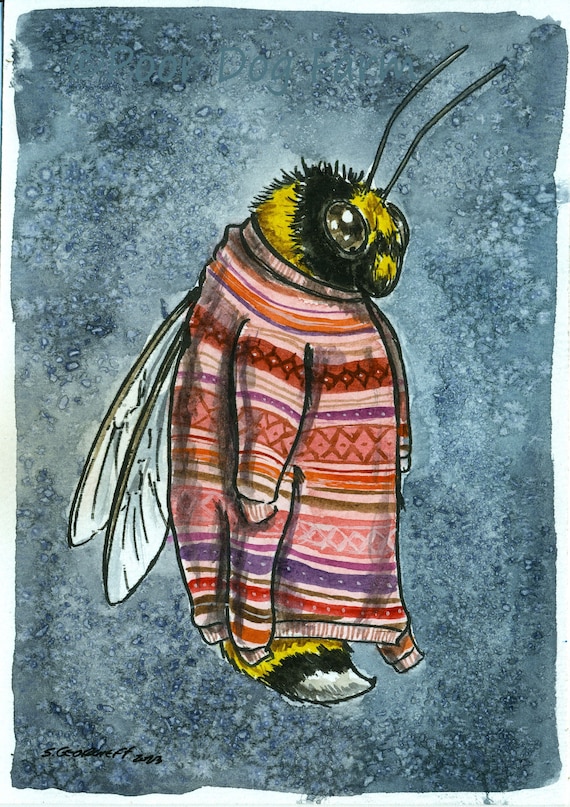 Pink Stripes are My Favorite  ~ Winter Bees- ~ signed watercolor print