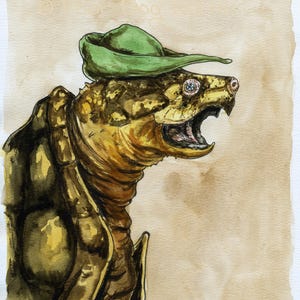 May include: A watercolour painting of a turtle wearing a green hat. The turtle has a wide open mouth and is looking to the right. The background is a light brown colour.