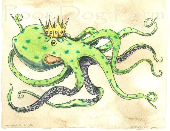 Creepy Green Octopus King (a limited edition painted print 6 0f 10 )