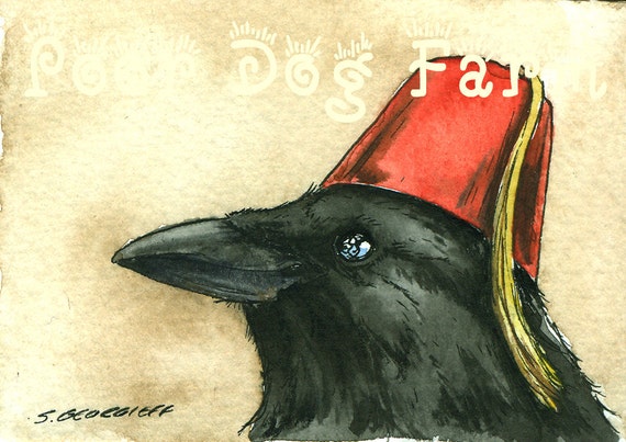 Crow in a Fez - watercolor Print -