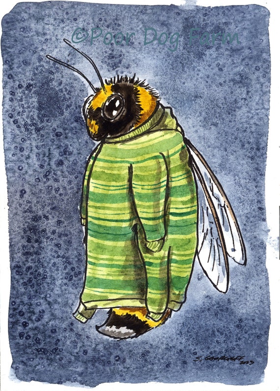 Do These Green Stripes Make Me Look Fat?  ~ Winter Bees- ~ signed watercolor print