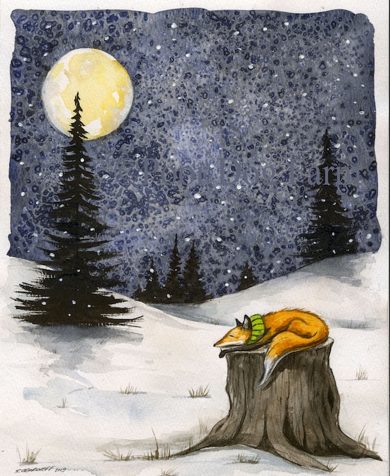2019-10 Little Red Fox Series  -  no 1.  A nap Under the Snowy Full Moon -  Signed Print