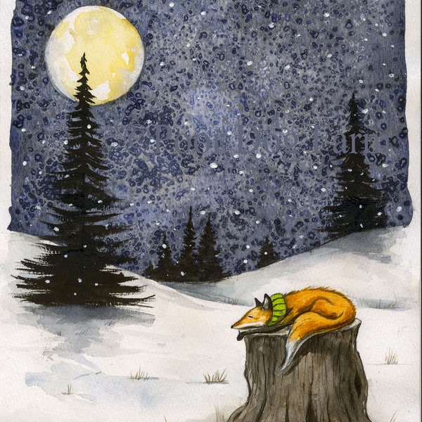 2019-10 Little Red Fox Series  -  no 1.  A nap Under the Snowy Full Moon -  Signed Print