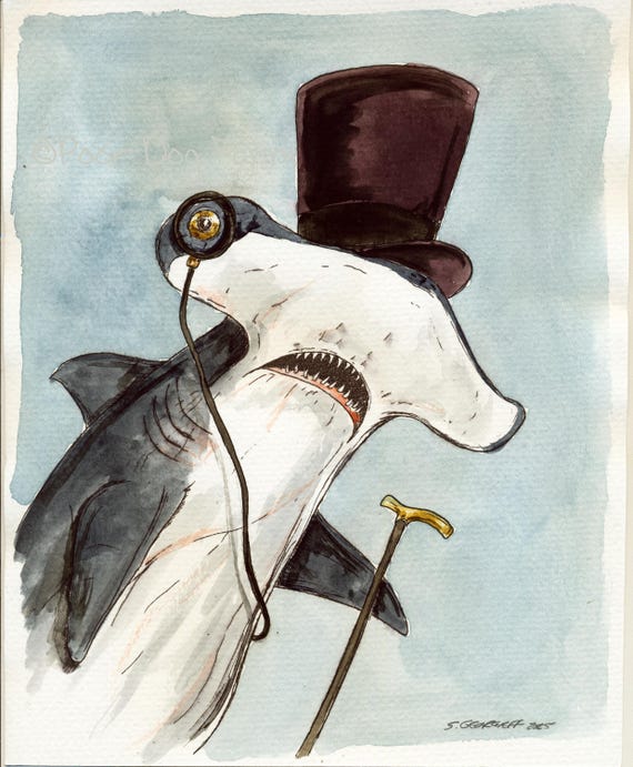 A Top Hat Hammerhead Shark  (an original hand painted dapper one)