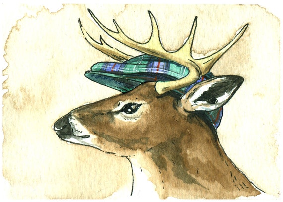 Deer in Old Sutherland Plaid Hat  5x7 print