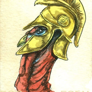 May include: A watercolor painting of a turkey wearing a gold helmet. The turkey is facing to the right and the helmet has a plume on top. The painting is signed "S.G. CROCKETT" and "POODOG FARM" in the bottom right corner.