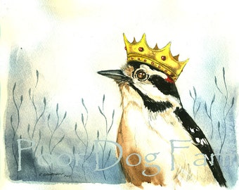 Bird watercolor art- Downy Woodpecker King -print after original watercolor