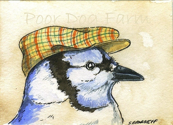 Set no. 3    birds in hats set  (SPECIAL  set of 4 ACEO prints) (...and 1 bonus your choice aceo print)