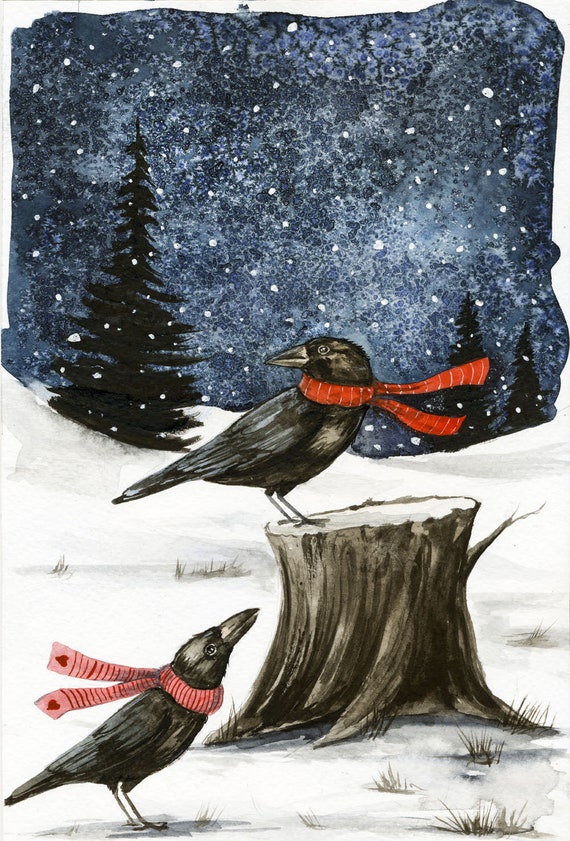 Winter brings Huginn and Muninn, Thought and Memory   -  Signed Print ~   no2 in the 2020-21 Little Red Fox Series  -
