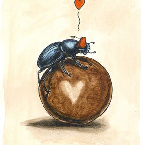 Peut inclure: Un scarabée bleu portant un chapeau rouge est assis sur une boule brune avec un cœur blanc dessus. Un cœur rouge avec une queue flotte au-dessus du scarabée.