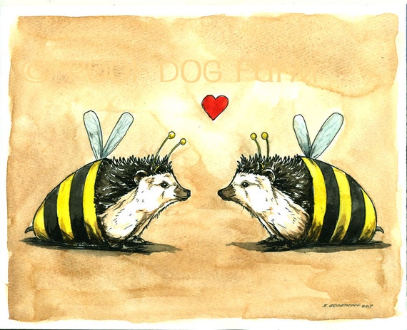 Weird Love   -Original Watercolor painted print~  Hedgehogs in Love..