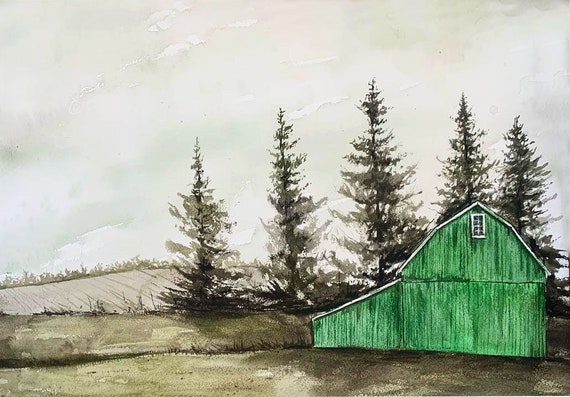 The Green Barn - watercolor PRINT