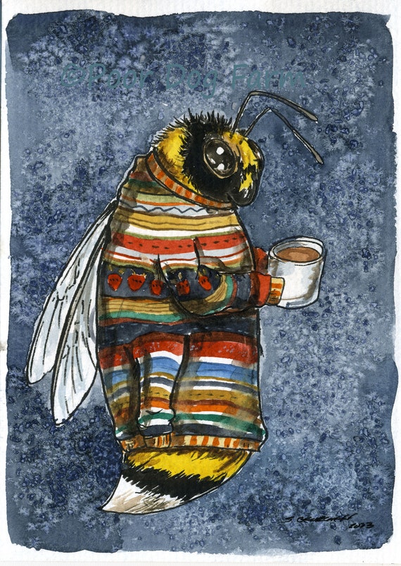 Bee and Her Morning Coffee  ~ Winter Bees- ~ signed watercolor print