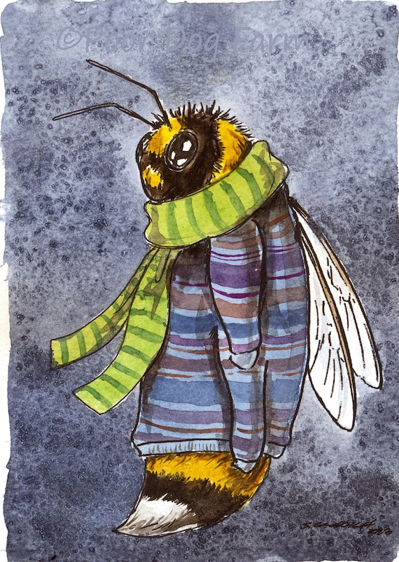 Mom (the queen) Bought Me This Scarf  ~ Winter Bees- ~ signed watercolor print