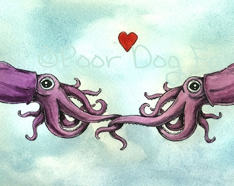 Stubby Squid Love  -Original Watercolor painted print