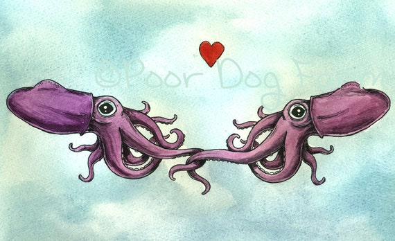 Stubby Squid Love  -Original Watercolor painted print