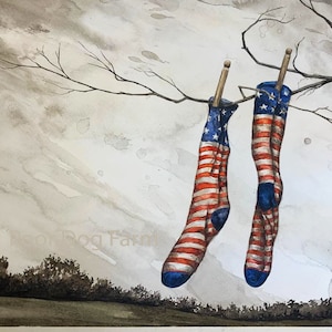 以下が含まれることがあります： 曇った空を背景に、裸の枝にアメリカ国旗柄の靴下2つがぶら下がっている。