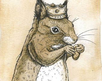 Squirrel King  5x7 ~~ Sepia Painted Print