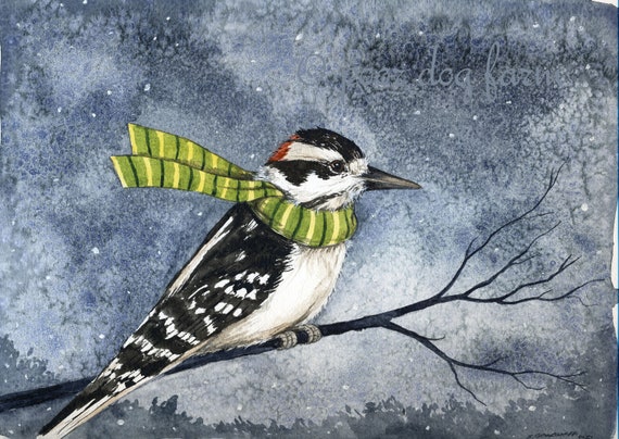 Cold Woodpecker Winter  -  watercolor print