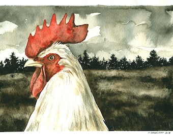 Painting no. 51  Winter Rooster-- print 8 x 10