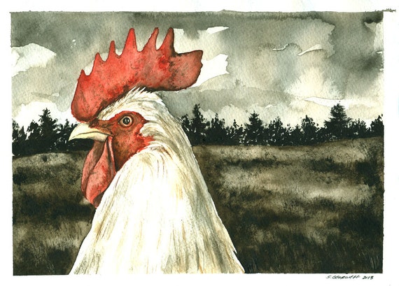 Painting no. 51  Winter Rooster-- print 8 x 10
