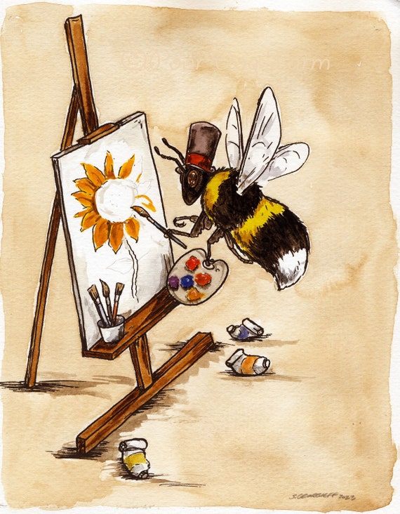 Bumble Bee Paints Happy Little Flowers  (an original hand painted little one))