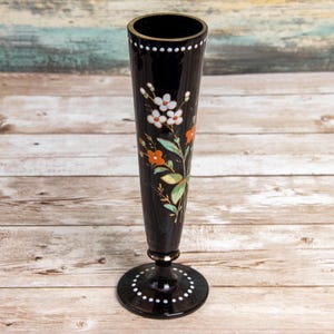 Small Black Bud Vase, Vintage Hand Painted Floral Design