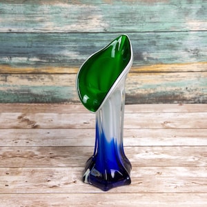 Small Vintage Glass Vase, Green and Blue Jack-in-the-Pulpit style Studio Glass Vase