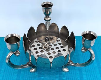 Vintage Lotus Candlestick Holder, Silver Plated Flower Frog and 3 Taper Candle Holder, Footed