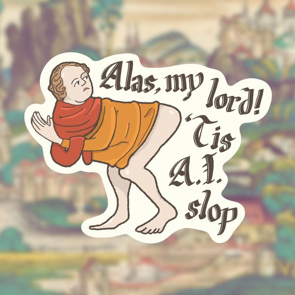 May include: A sticker featuring a medieval-style illustration of a person bending over, wearing an orange tunic and a red scarf. The text reads: Alas, my lord! 'Tis A.I. slop. The design has a white border and a flat, graphic art style.
