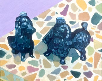 Poodle Figurines on Travertine Table Original Oil Painting