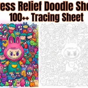 Peut inclure: Une feuille de gribouillage anti-stress Stress Relief Doodle Sheet 100++ Tracing Sheet avec une illustration dense et colorée de personnages sur la gauche et une version en noir et blanc sur la droite, centrée sur un grand lapin rose.