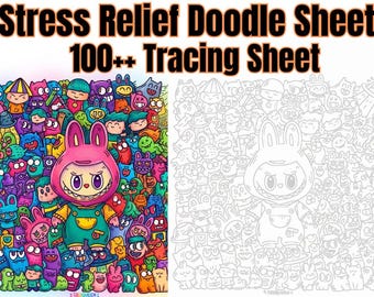May include: A Stress Relief Doodle Sheet 100++ Tracing Sheet featuring a colourful, dense illustration of various cartoon characters on the left and a corresponding black and white line art version on the right, centred by a large pink rabbit.