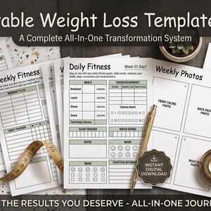 May include: A set of 10 printable weight loss templates in PDF format, including meal planners, daily fitness logs, weekly photo trackers, and mood trackers. The documents feature black text on white paper with a measuring tape and pen.