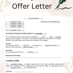 Plantilla de carta de oferta de empleo: Carta de oferta de trabajo editable (descarga digital instantánea)
