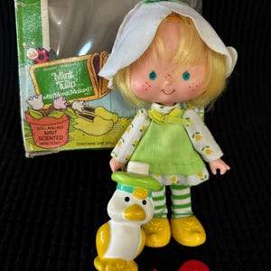 Vintage mintkleurige tulppop uit 1982 met huisdier, doos en accessoires