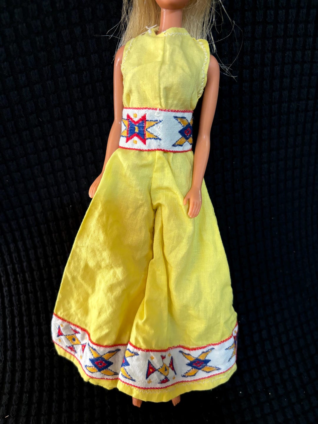 Clone Handmade Yellow Bell Bottoms Pantsuit With Patterned Belt & Trim