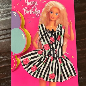 1994 Barbie Fashion Grußkarte ""Happy Birthday"" schwarz weiß gestreiftes Kleid mit roten Blumen. Noch befestigt Karte, in EUC.